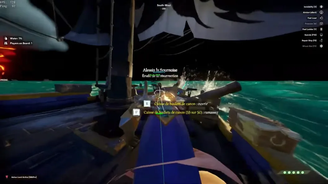 Sea of Thieves cheat mod menu with aimbot and ESP toggles on ship deck